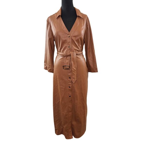 ZARA Brown Shirt Dress Faux Leather Belted Split Collar Front Button Sz XL NWOT - Picture 1 of 6